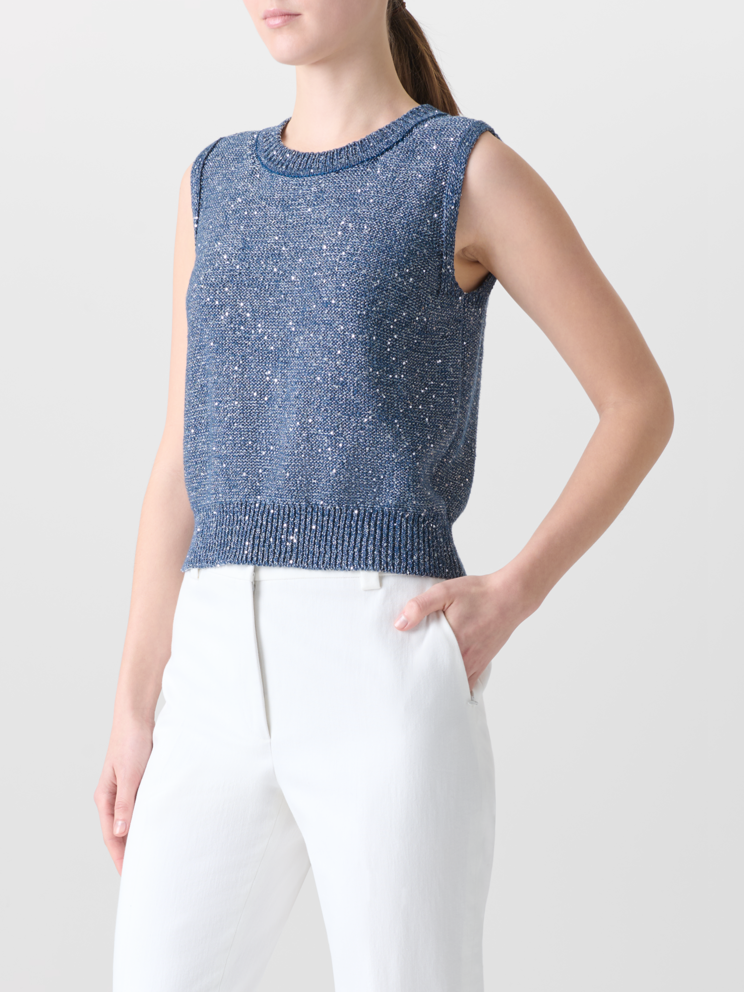 Designer Leinen-Baumwoll-Stricktop mit Pailletten - Blau