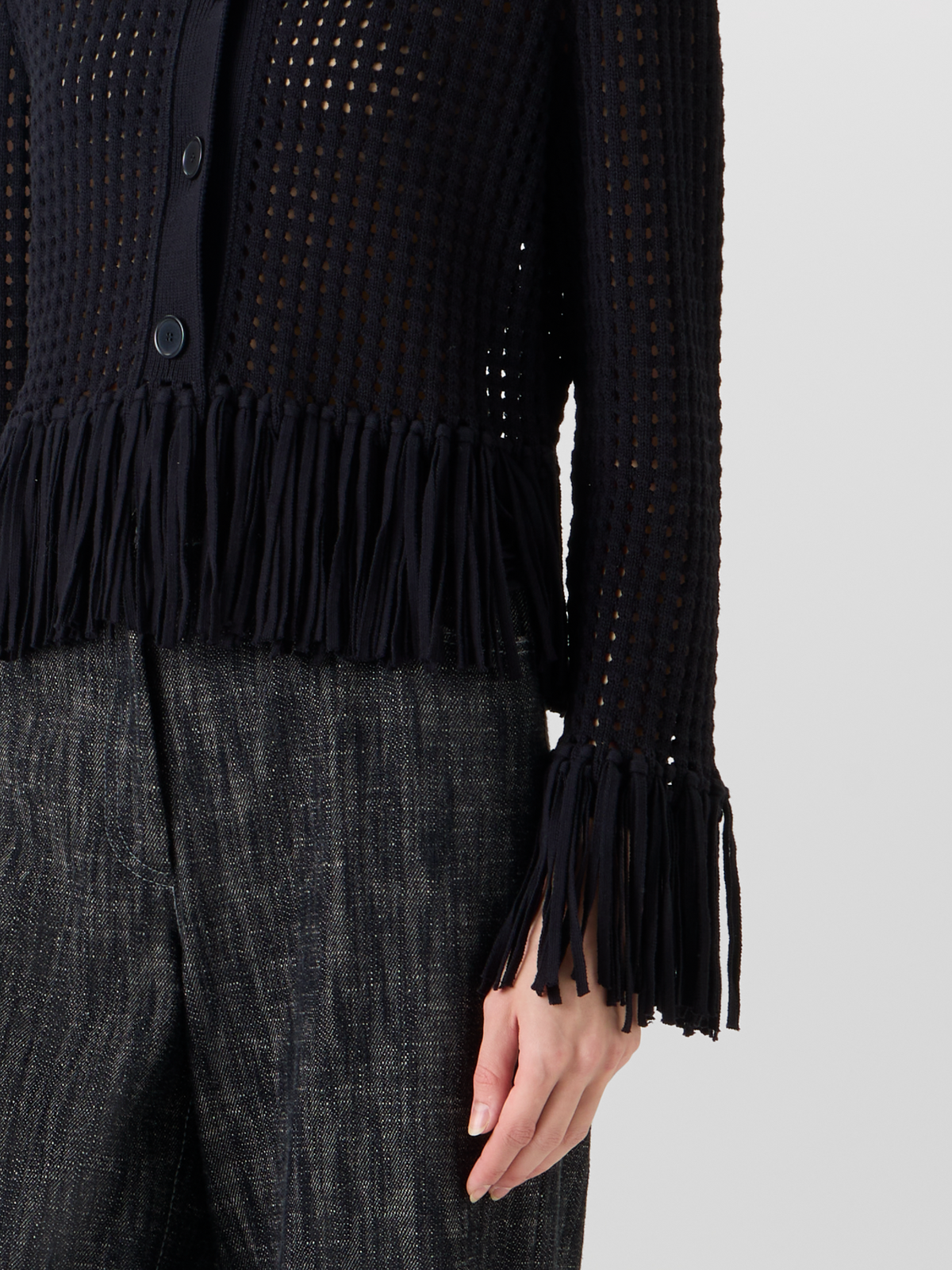 Designer Langärmelige, kurze Strickjacke aus grobem Baumwoll-Mesh - Schwarz #editorial