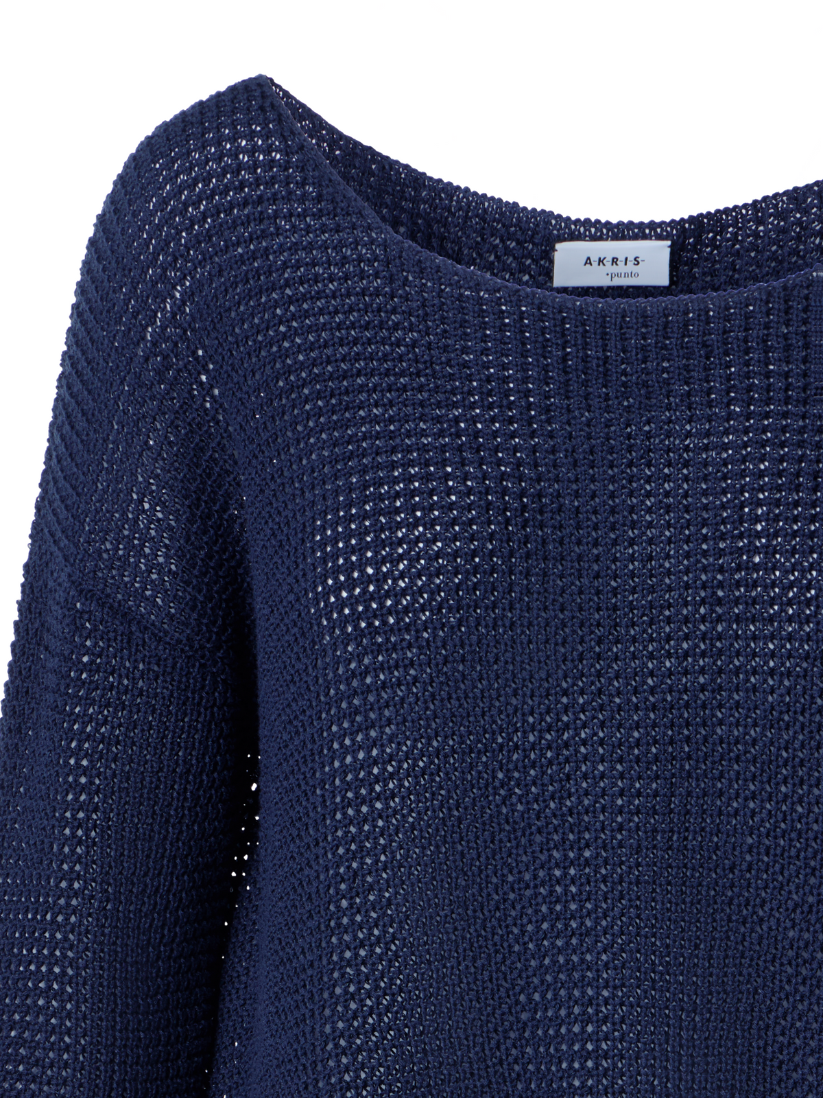 Designer Off-Shoulder-Pullover aus Leinen-Baumwolle mit V-Ausschnitt - Dunkelblau - Blau
