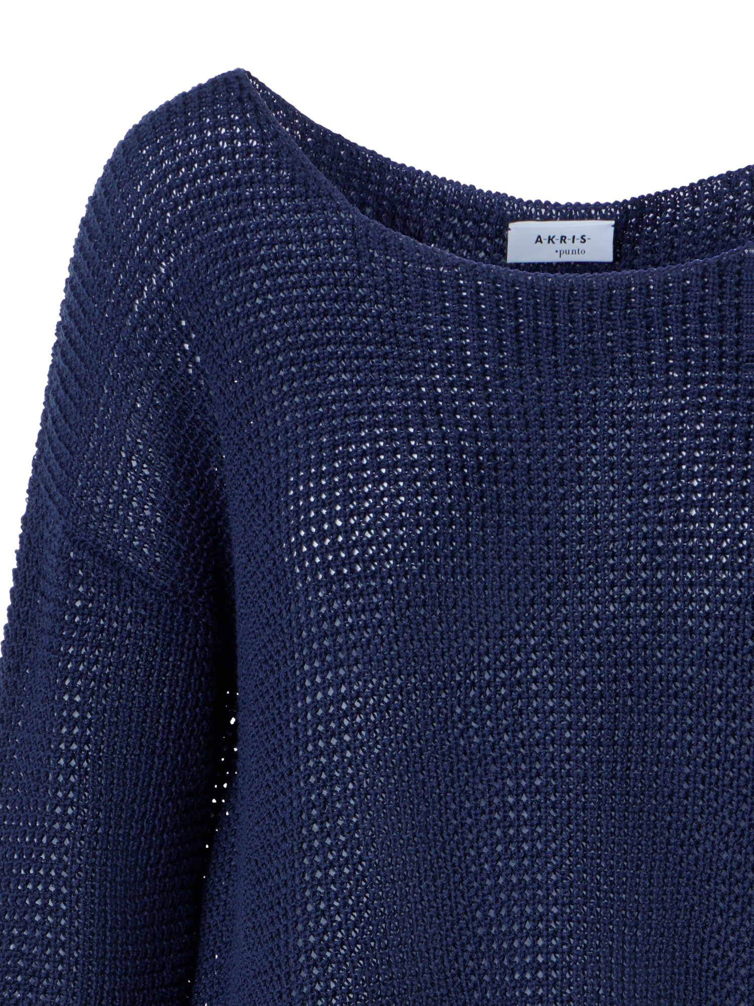 Designer Off-Shoulder-Pullover aus Leinen-Baumwolle mit V-Ausschnitt - Dunkelblau - Blau