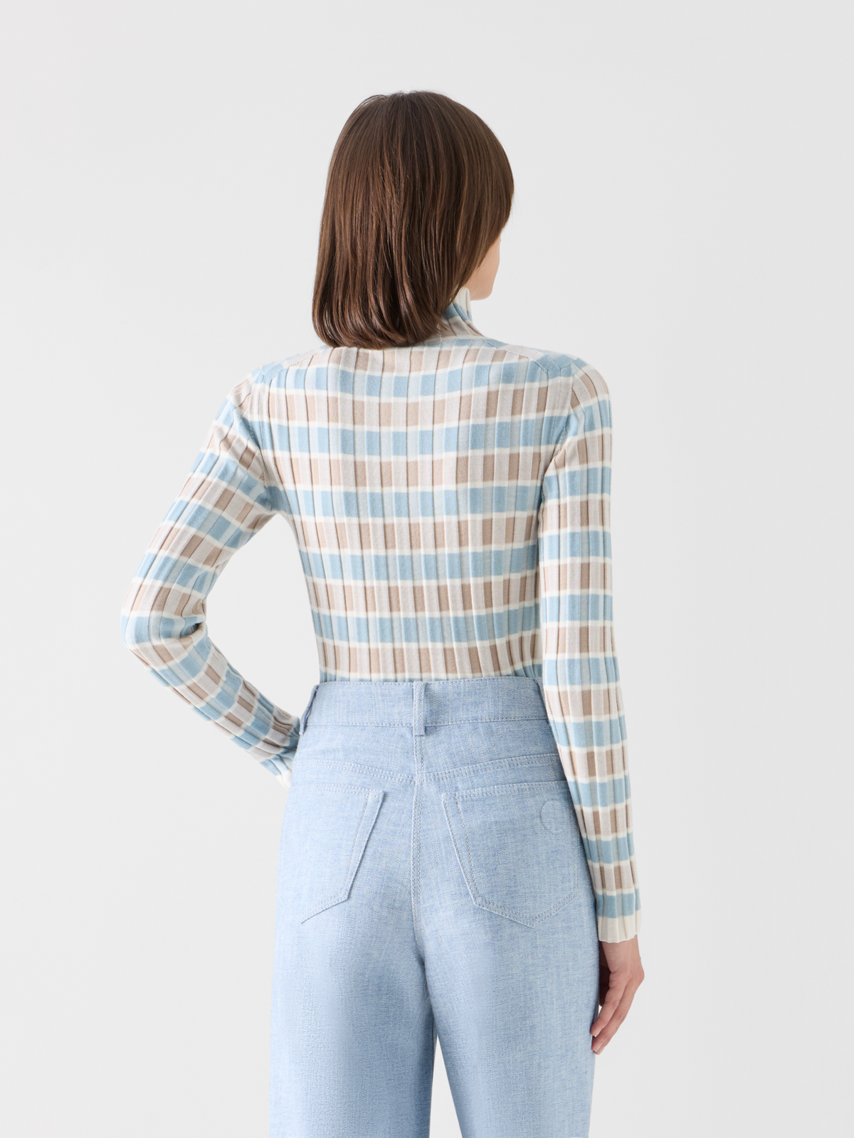 Designer Taillierter Merino-Ripppullover mit Karo-Intarsia - Bunt 