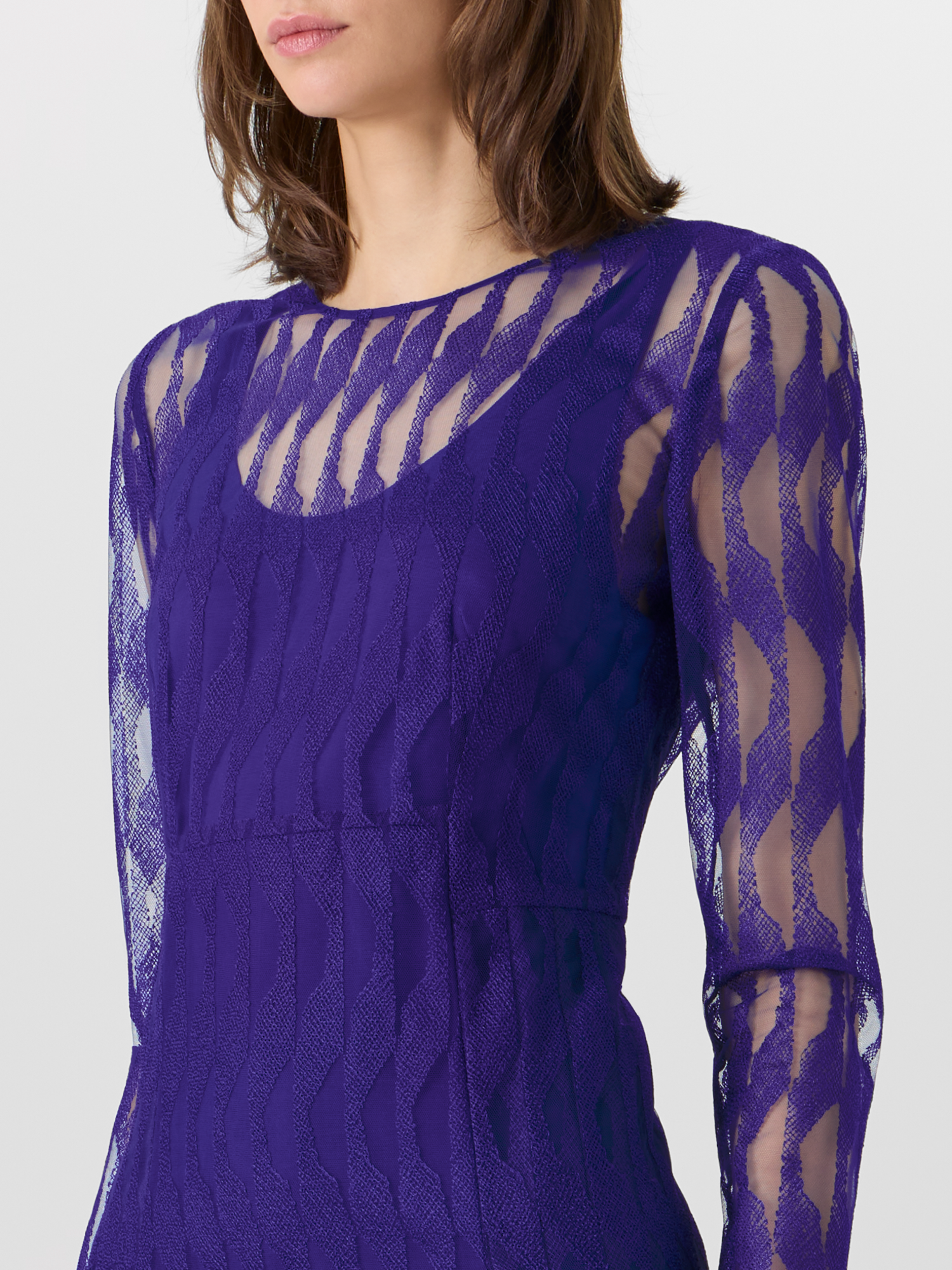 Designer Langärmeliges Kleid mit High Plains Stickerei auf Tüll - Violett 