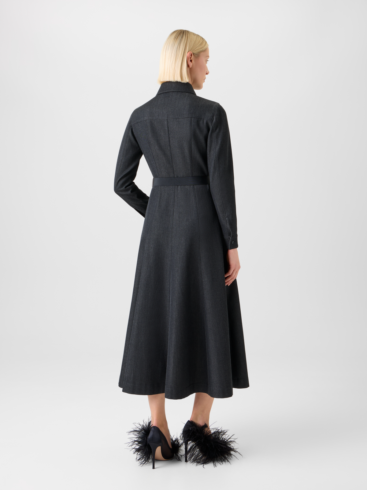 Designer Stretch Cotton Denim Midi Hemd-Kleid mit Gürtel - Grau #editorial