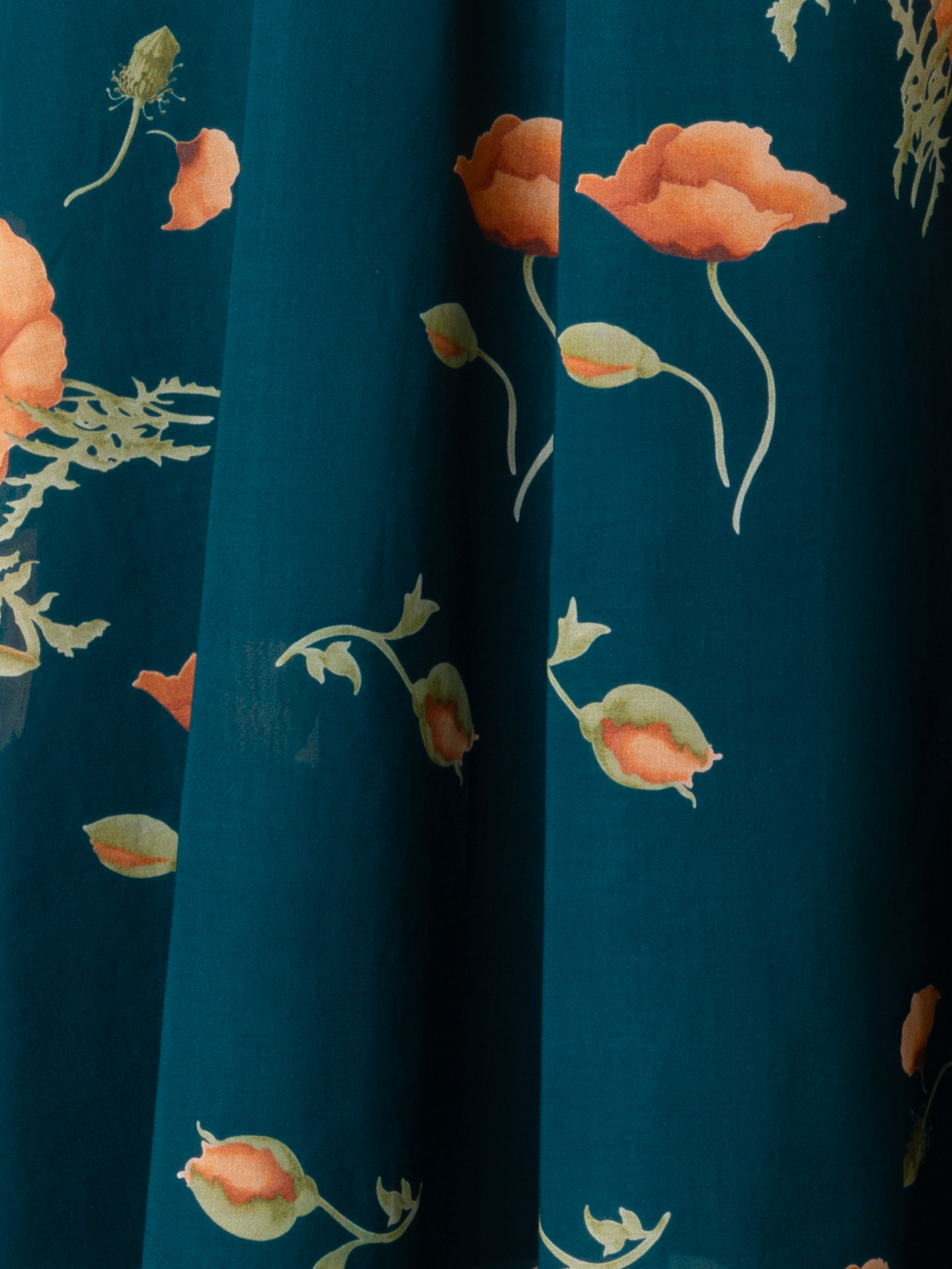 Designer A-Linien Baumwoll-Midikleid mit Anemone Druck - Grün - Bunt