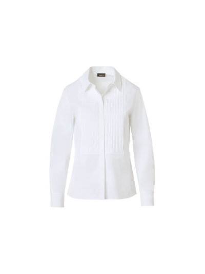 Designer Bluse aus Baumwollpopeline mit plissiertem Plastron - Weiss