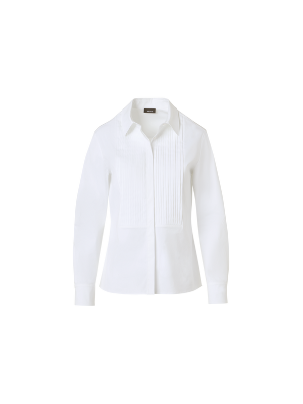 Designer Bluse aus Baumwollpopeline mit plissiertem Plastron - Weiss