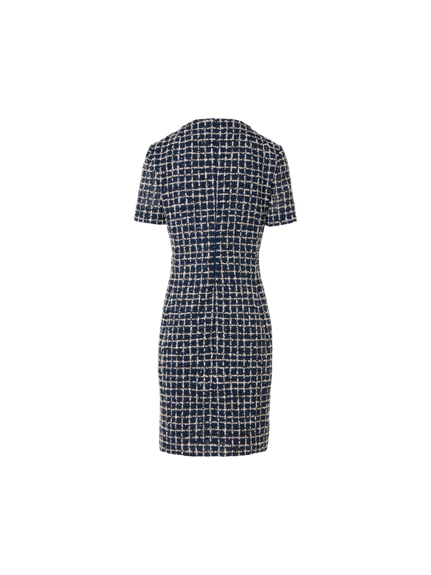 Designer Kurzärmeliges Etuikleid mit Tweed-Check-Stickerei auf Voile - Blau
