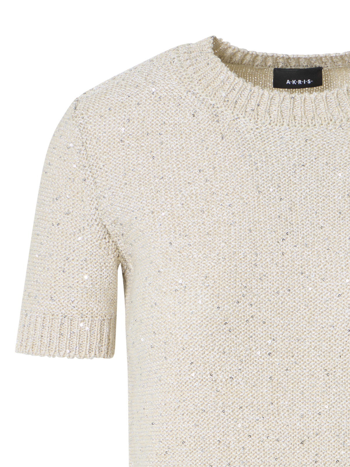 Designer Kurzärmliger Leinen-Baumwoll-Pullover mit Pailletten - Beige