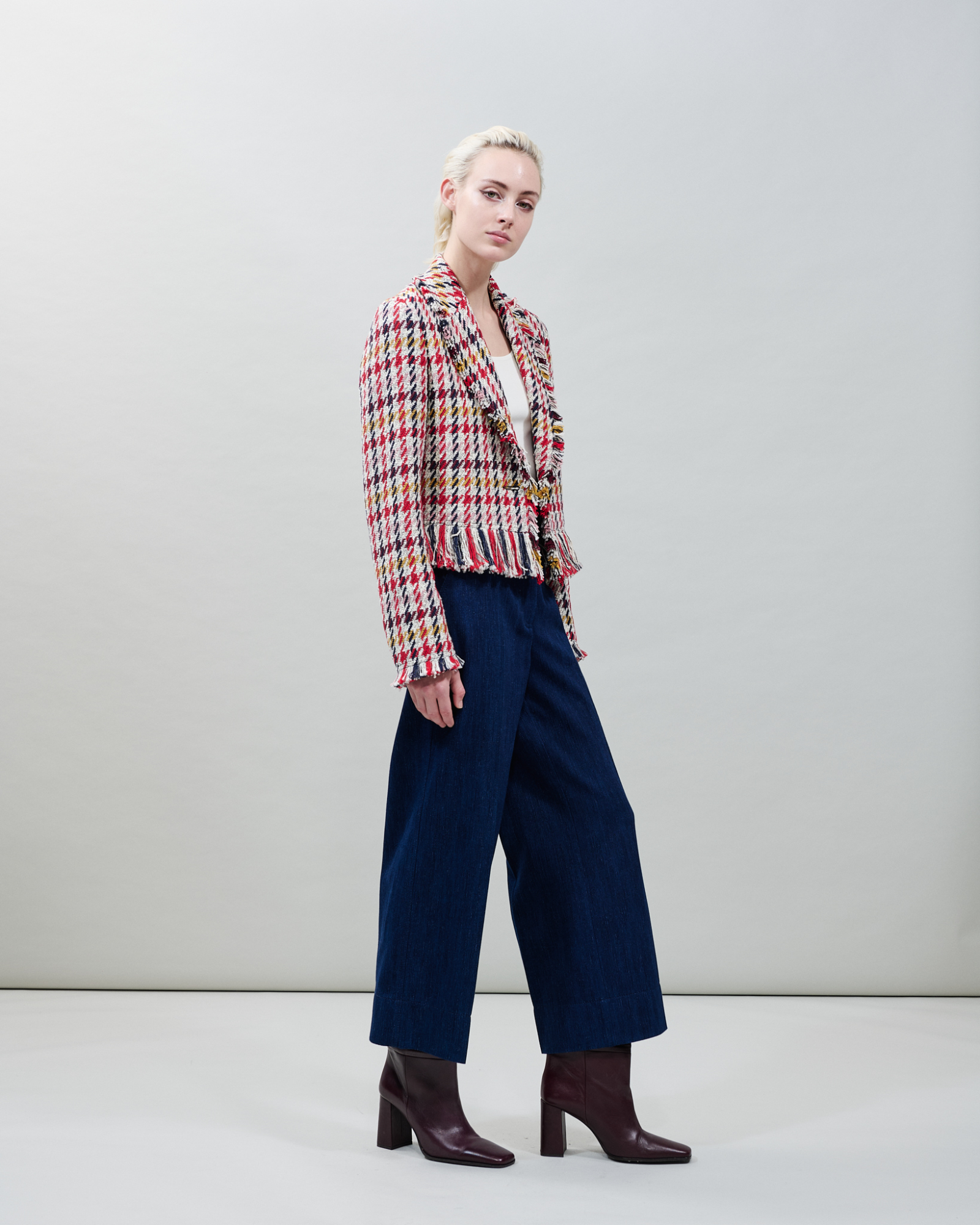 Designer Kurze Tweed-Jacke mit Fransen - Bunt - Rot 