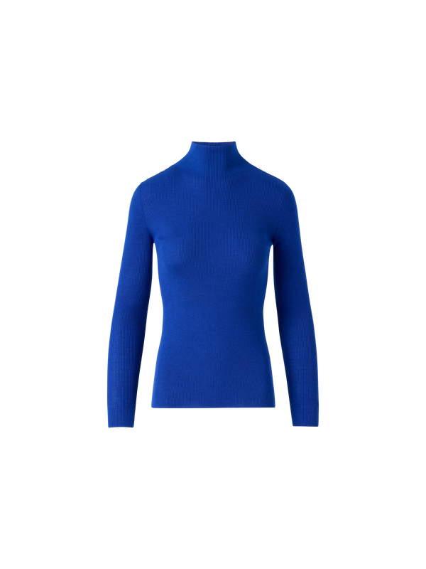 Designer Kaschmir Seide Rippenstrick Stehkragen Pulli  - Blau