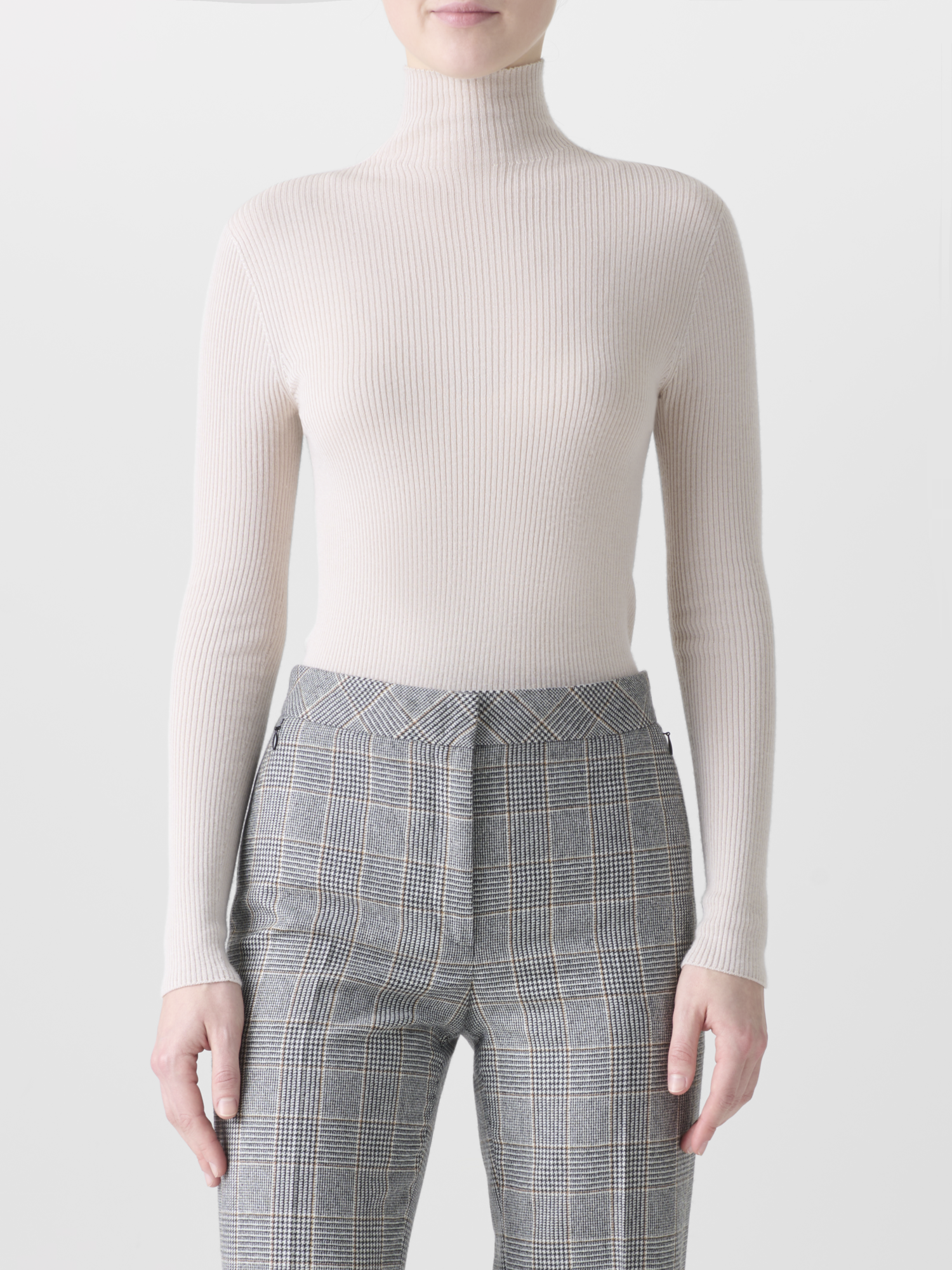 Designer Kaschmir-Seiden-Strickpullover mit Stehkragen - Beige 