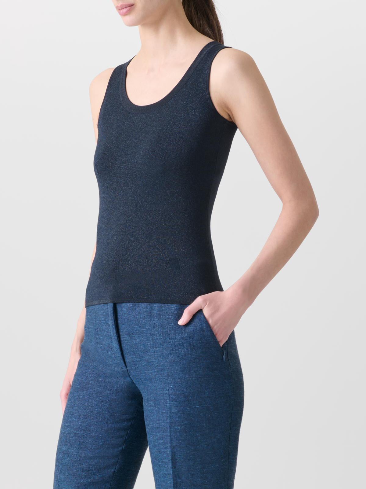 Designer Seiden-Tank-Top mit goldenem Lurex - Dunkelblau - Blau #editorial