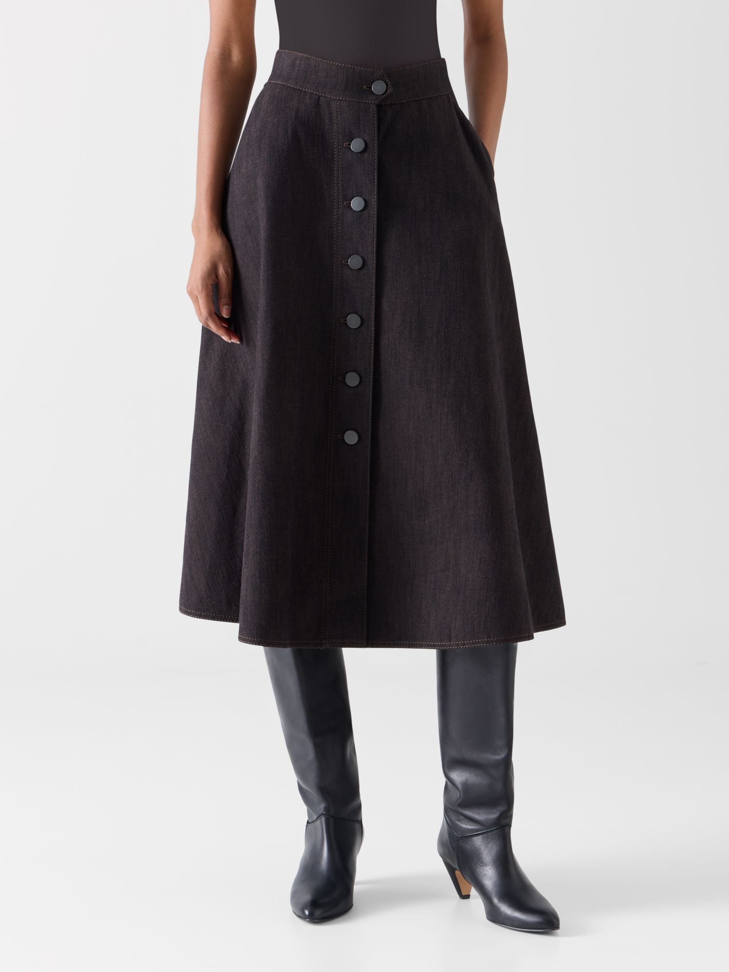 Designer Ausgestellter Midirock aus Winter-Denim - Braun 