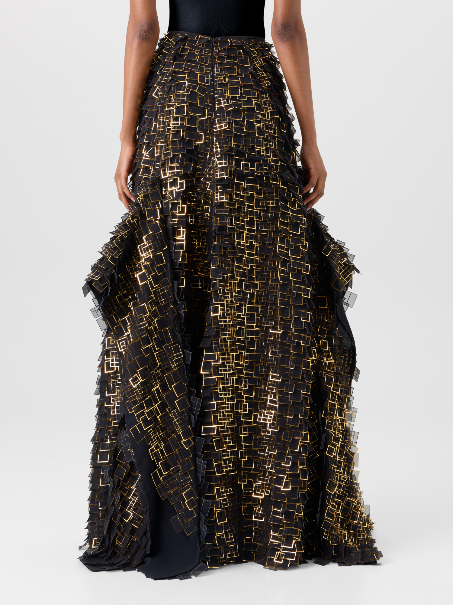 Designer Asymmetrischer Maxirock in Golden Frame Organza Tiles - Gold - Bunt - Schwarz 