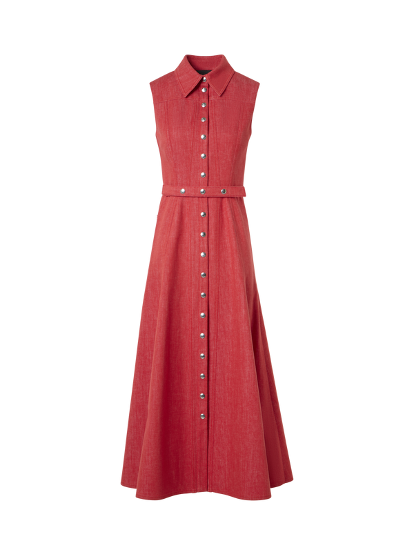 Designer Tailliertes ausgestelltes Midikleid aus Denim - Rot