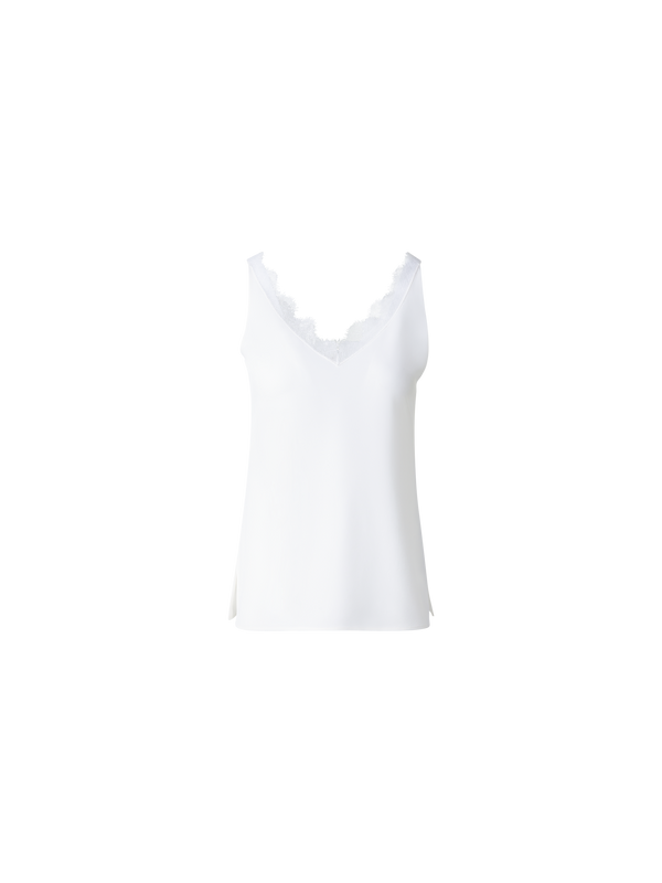 Designer Seidentop mit V-Ausschnitt und Spitze - Ecru - Weiss