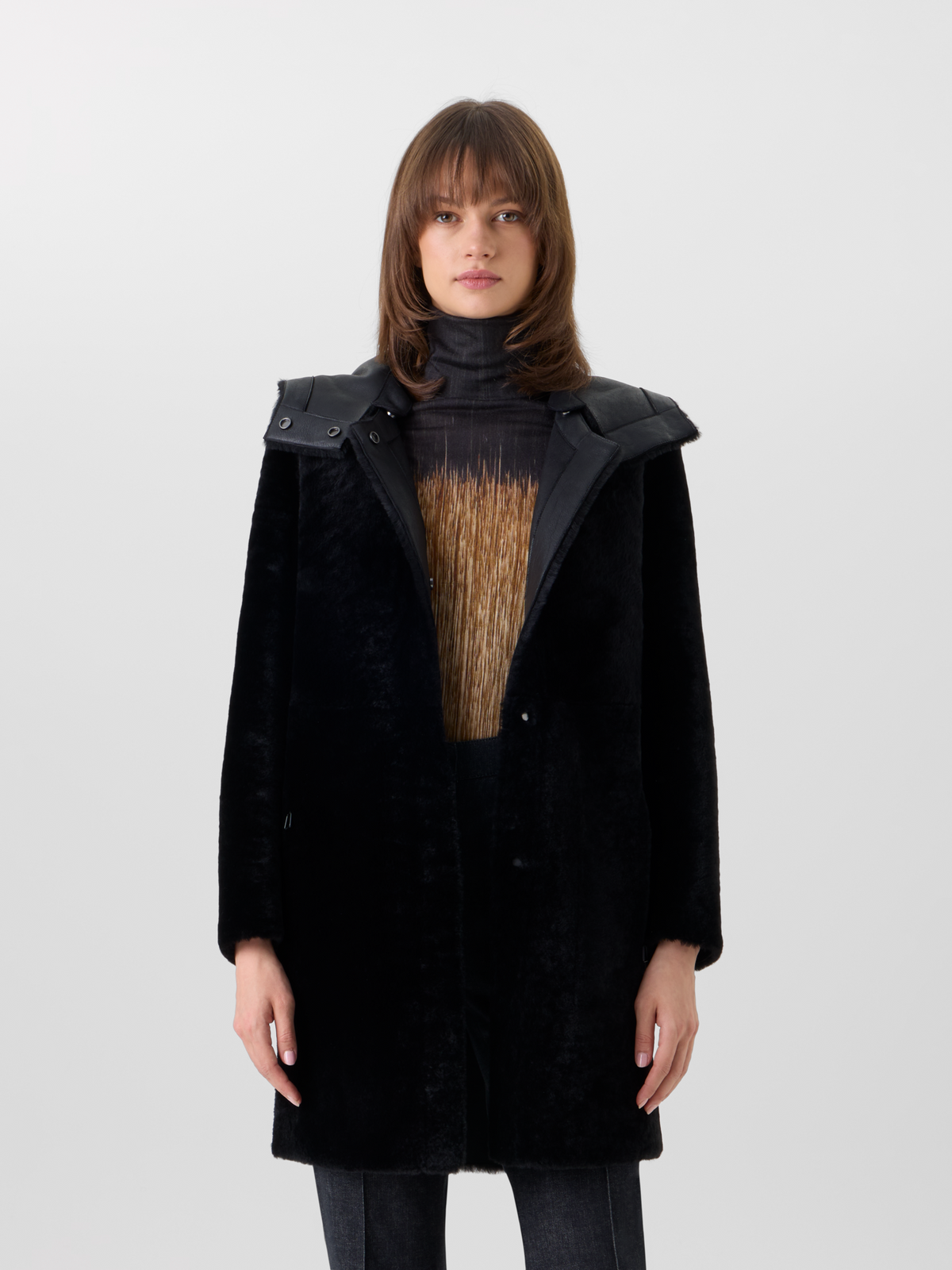 Designer Wendbarer Lamm-Shearling-Mantel mit Kapuze - Schwarz 