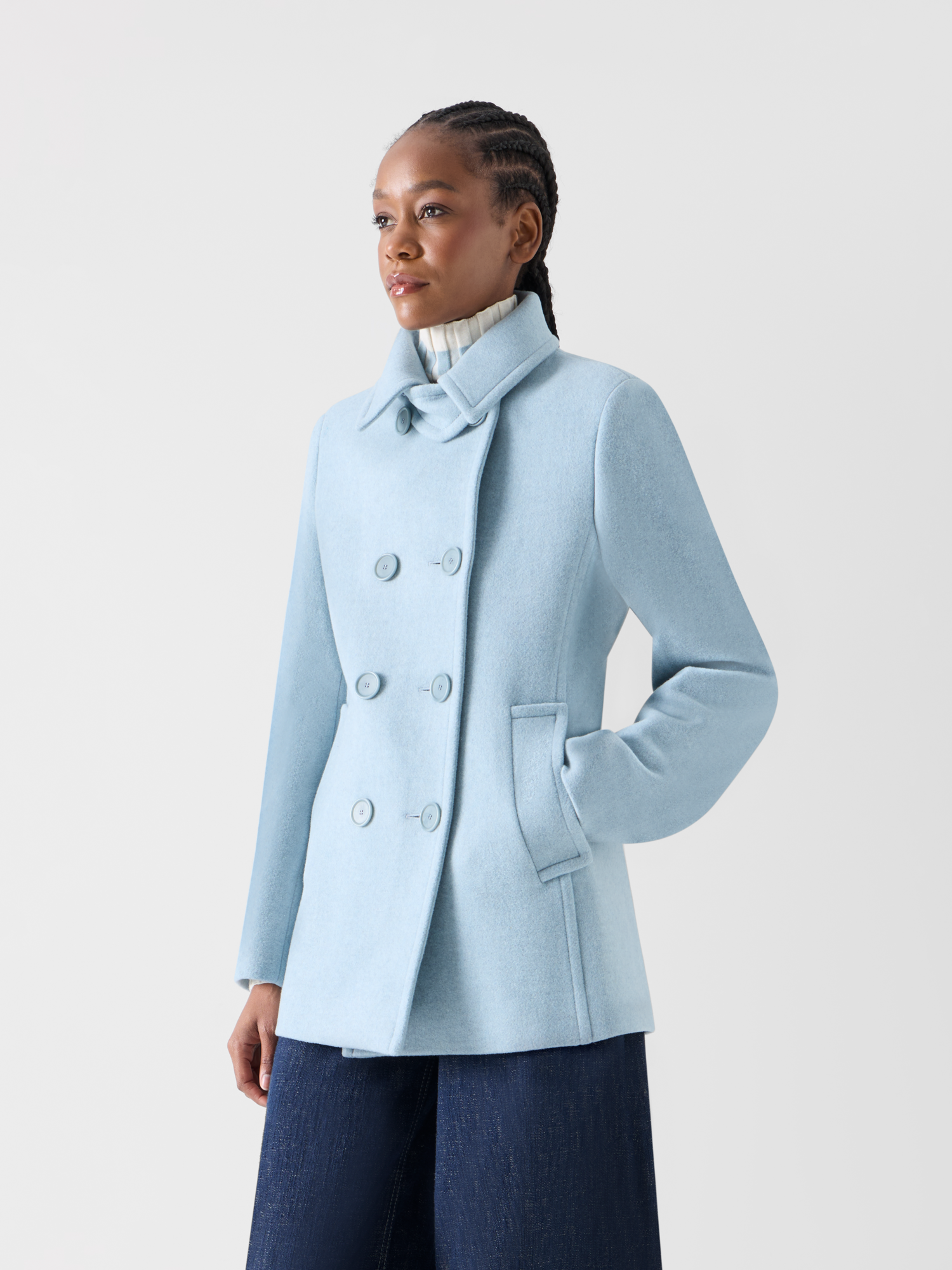 Designer Zweireihiger Peacoat aus Filzwolle - Blau 