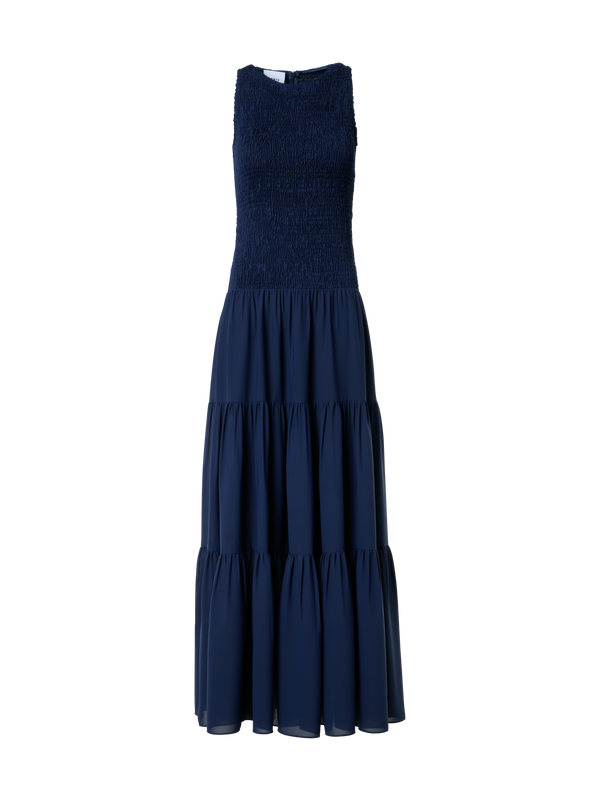 Designer Tailliertes gesmoktes Midikleid in A-Linie aus Georgette - Dunkelblau - Blau