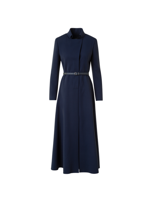 Designer Woll Doubleface Midi Hemd-Kleid mit Gürtel - Dunkelblau - Blau