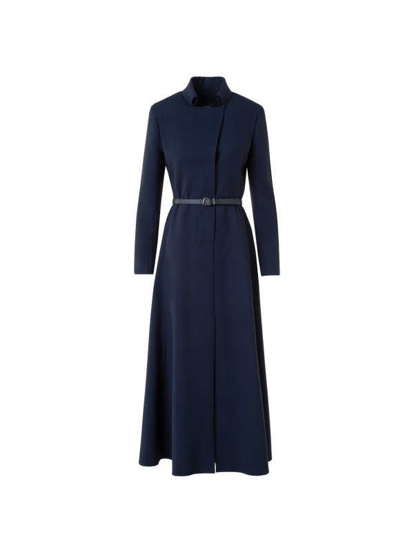 Designer Woll Doubleface Midi Hemd-Kleid mit Gürtel - Dunkelblau - Blau