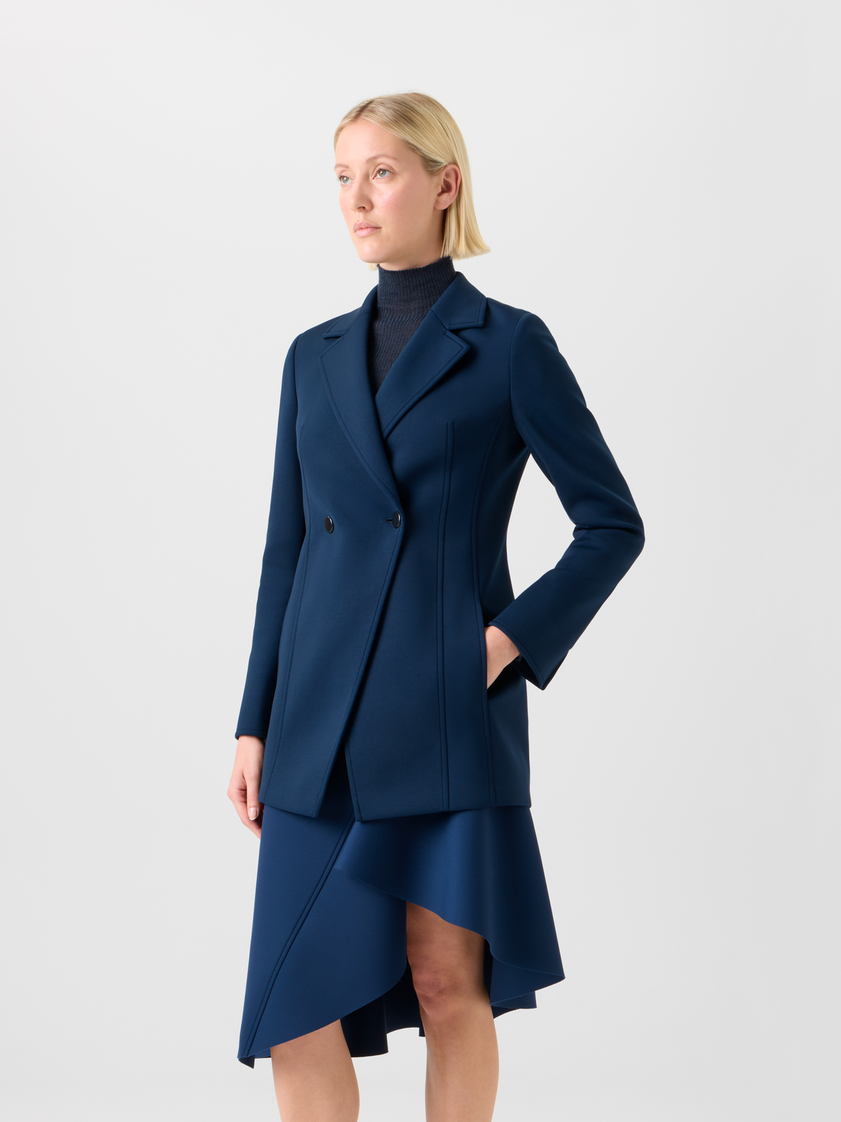 Designer Taillierte Techno Neopren Doppelreiher Jacke - Dunkelblau - Blau #editorial