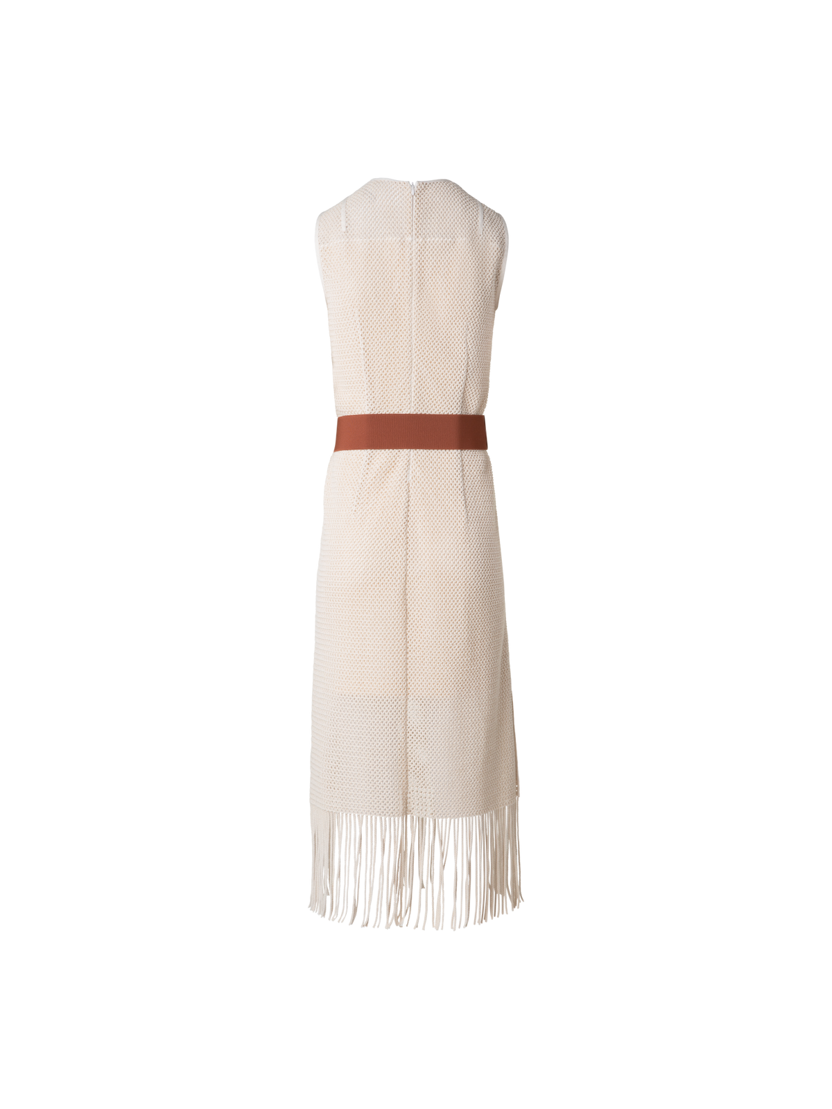 Designer Midi-Netz-Strickkleid mit Fransen - Beige