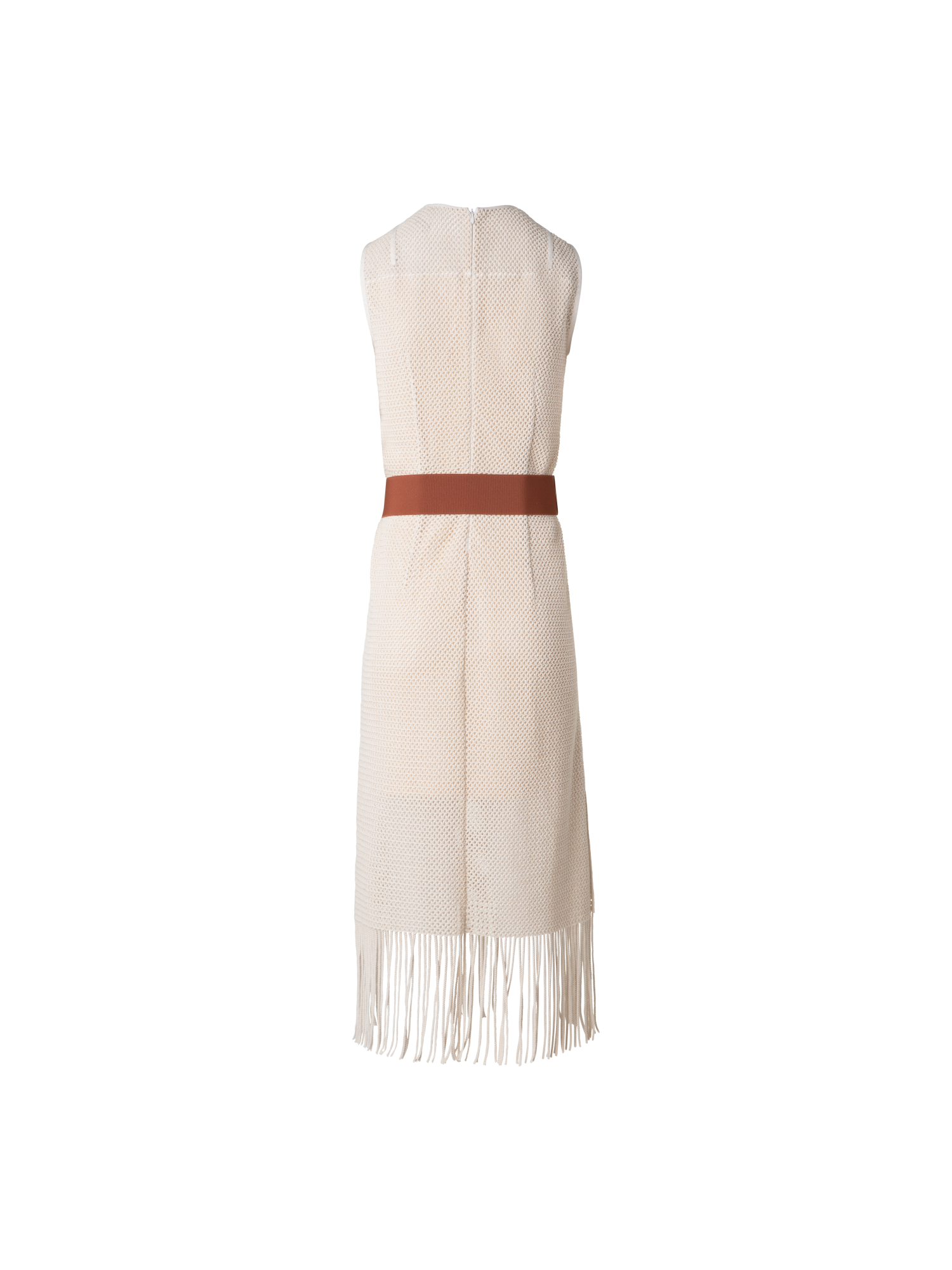 Designer Midi-Netz-Strickkleid mit Fransen - Beige