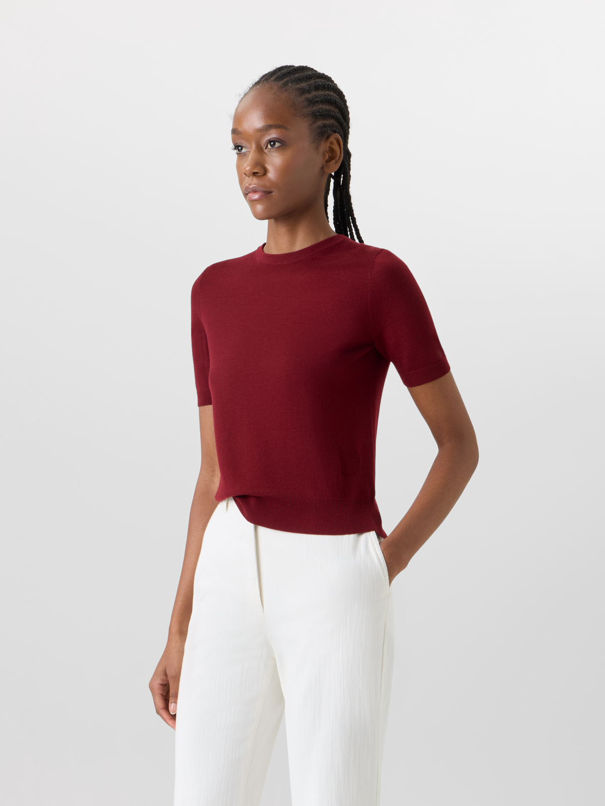 Designer Kurzärmeliger Strickpullover aus Merinowolle - Rot #editorial