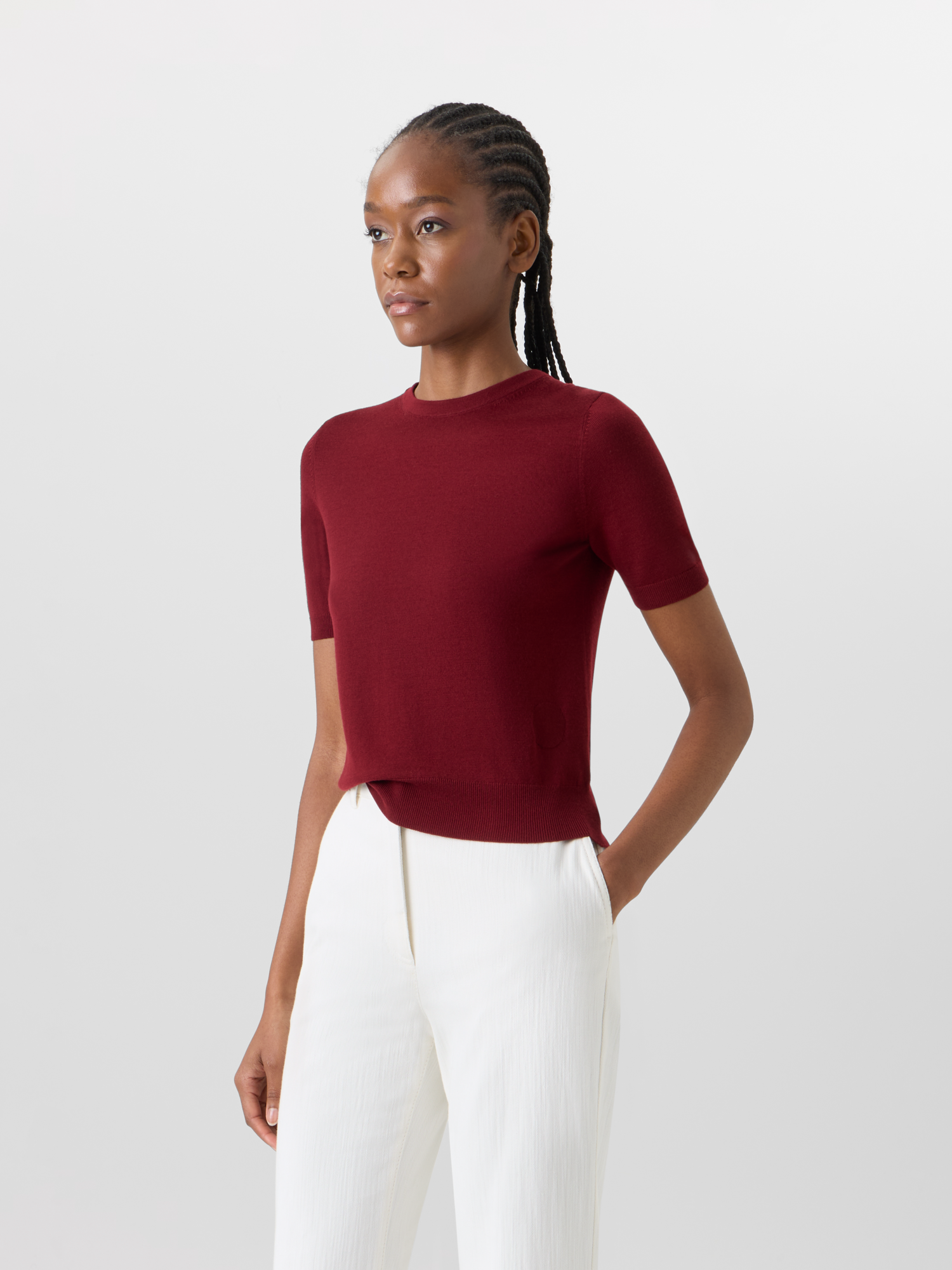 Designer Kurzärmeliger Strickpullover aus Merinowolle - Rot 