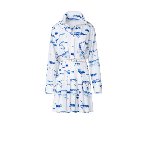 Kurzes Plissee-Blusenkleid aus Baumwolle mit Kasuri Birds Druck