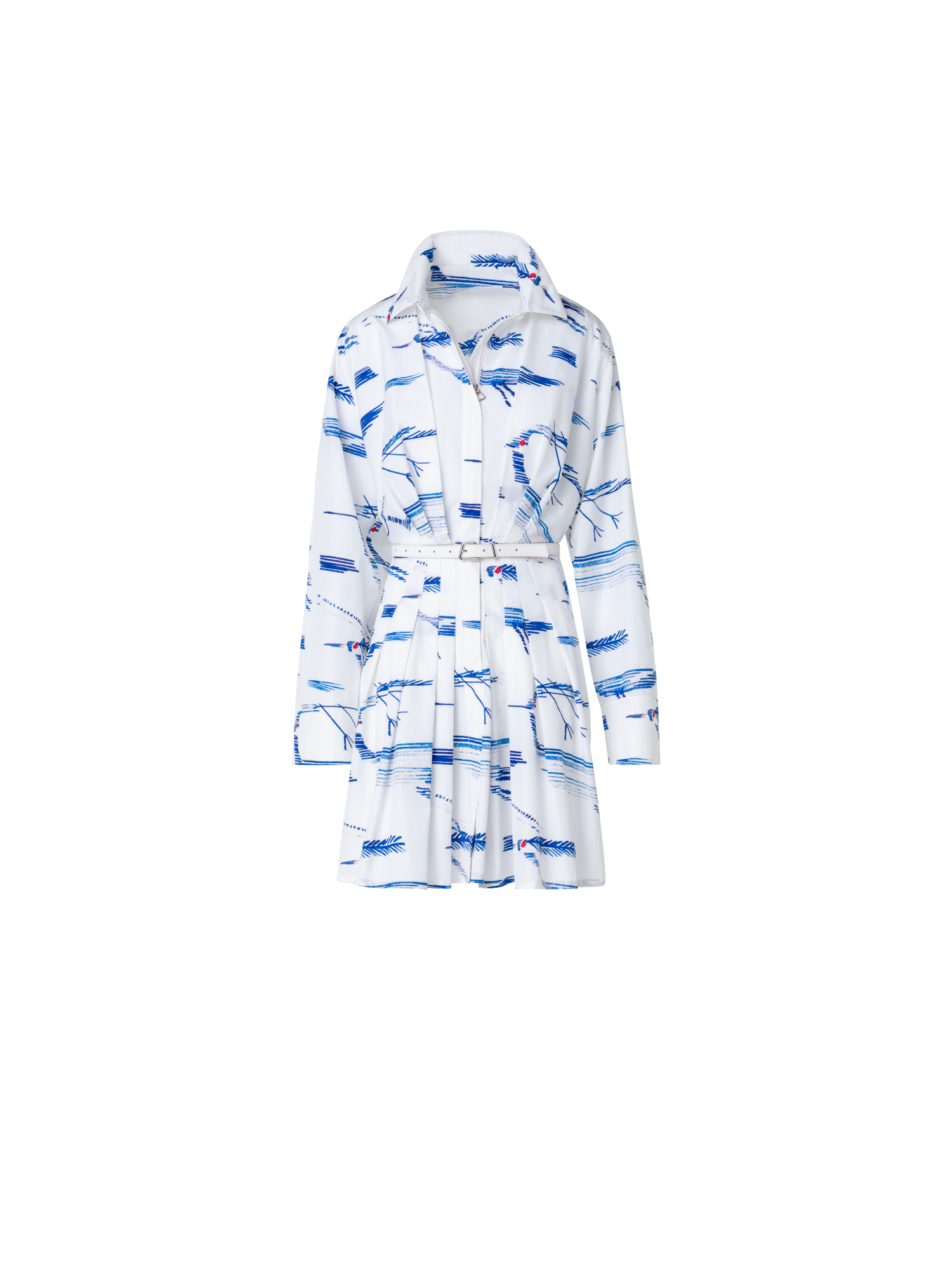 Designer Kurzes Plissee-Blusenkleid aus Baumwolle mit Kasuri Birds Druck - Blau - Bunt - Ecru - Weiss