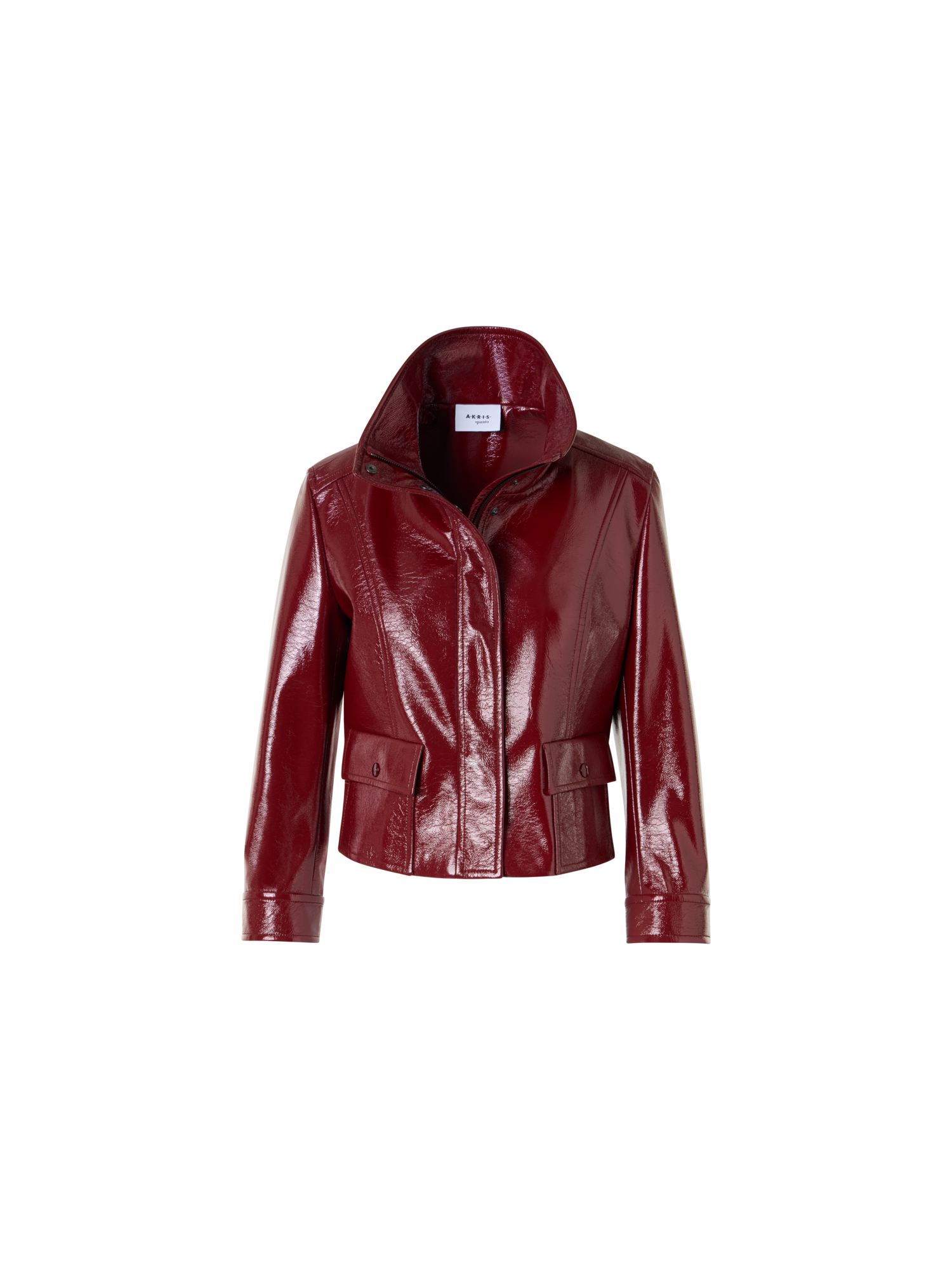 Designer Langärmelige Kurzjacke aus glänzendem Crinkle-Kunstleder - Rot