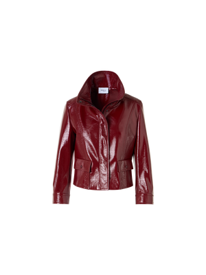 Designer Langärmelige Kurzjacke aus glänzendem Crinkle-Kunstleder - Rot