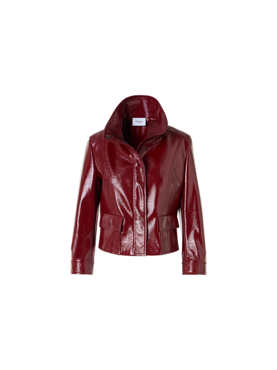 Designer Langärmelige Kurzjacke aus glänzendem Crinkle-Kunstleder - Rot