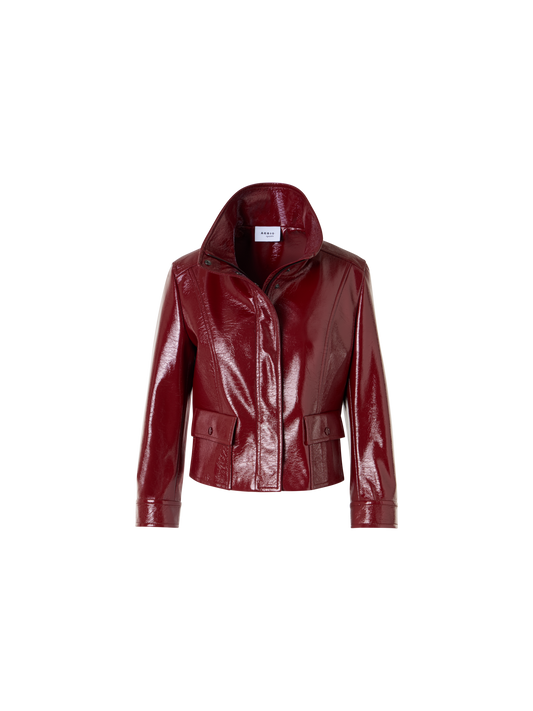 Designer Langärmelige Kurzjacke aus glänzendem Crinkle-Kunstleder - Rot