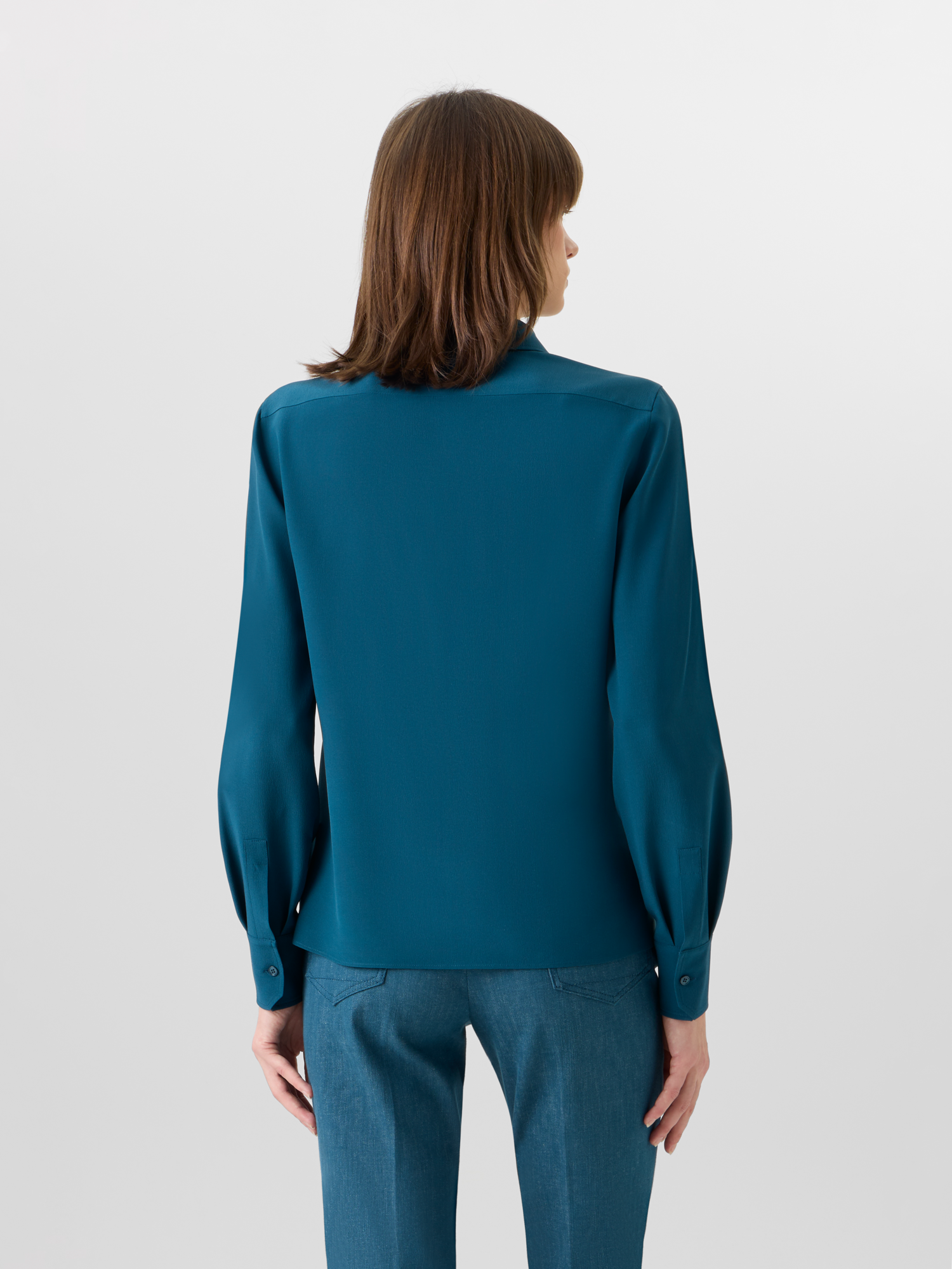 Designer Langärmelige Tunikabluse aus Seidenkrepp - Blau 