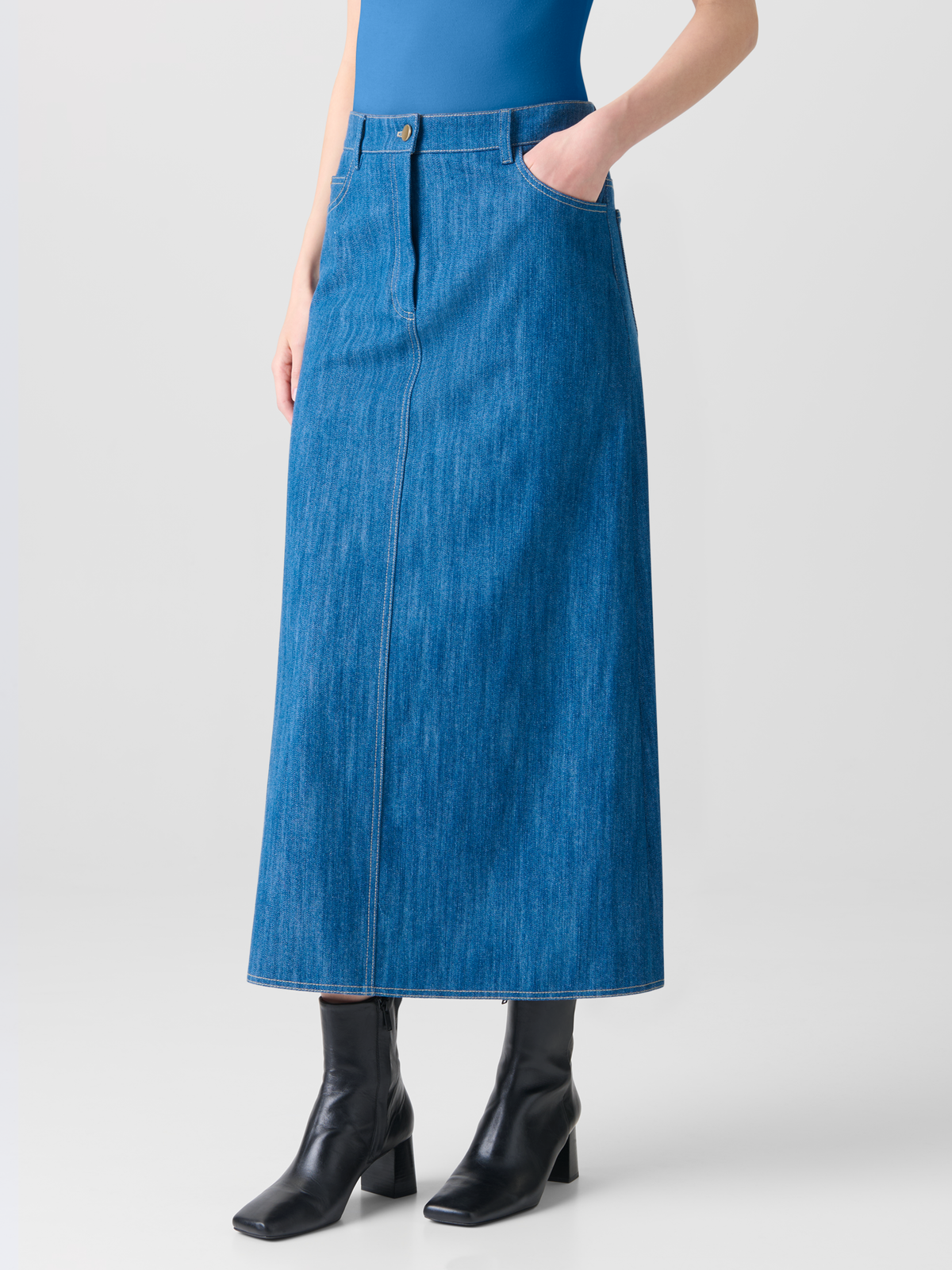 Designer Midi-Bleistiftrock aus Baumwoll-Denim - Blau #editorial