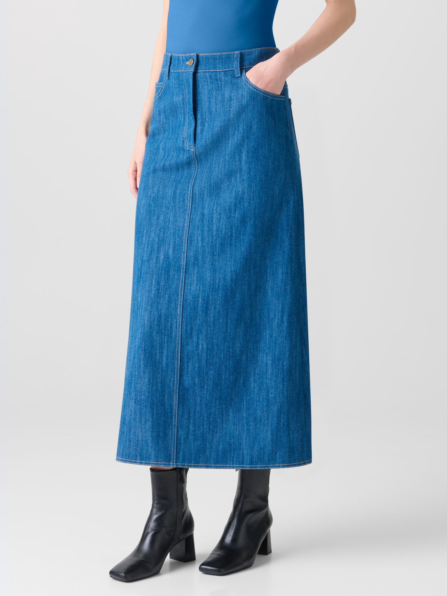 Designer Midi-Bleistiftrock aus Baumwoll-Denim - Blau 