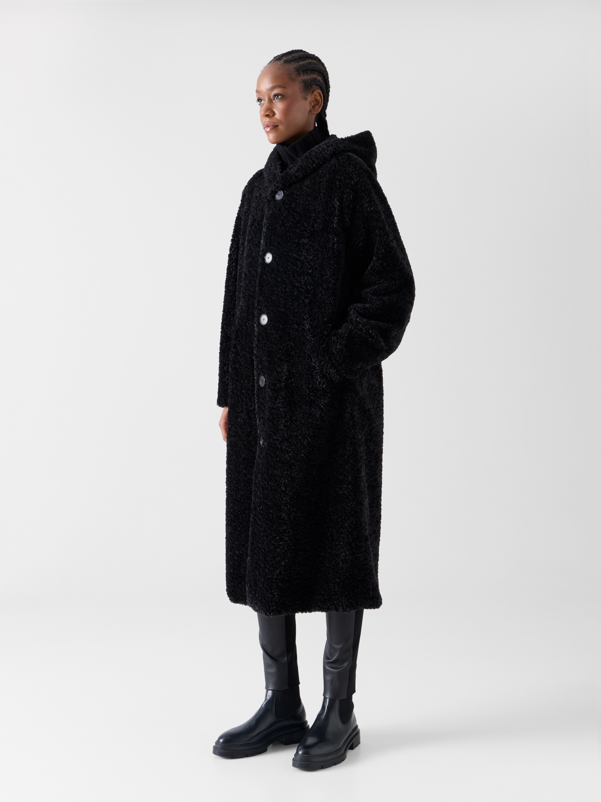 Designer Wendbarer Oversize-Webpelzmantel mit Kapuze - Schwarz 