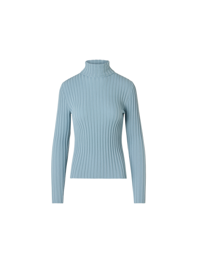 Designer Taillierter Rollkragen aus Merino-Rippstrick - Blau