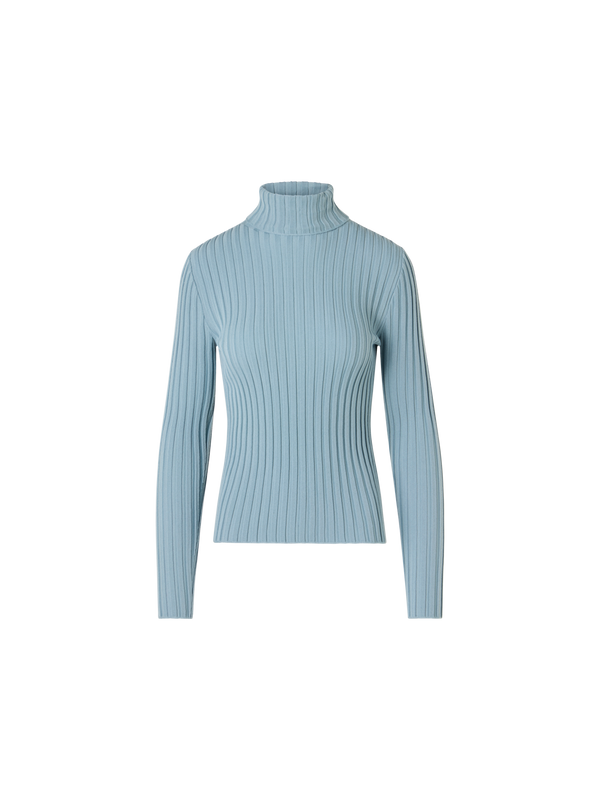 Designer Taillierter Rollkragen aus Merino-Rippstrick - Blau