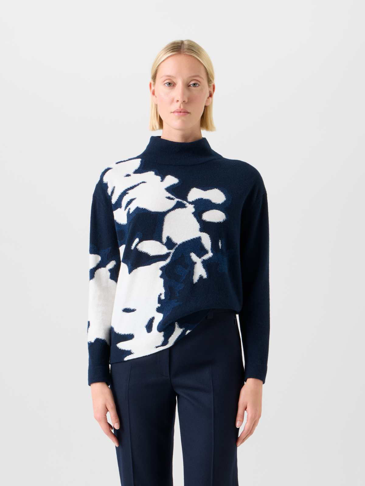 Designer Kaschmir Wildflower Intarsia Stehkragen Pulli - Dunkelblau - Blau - Bunt #editorial