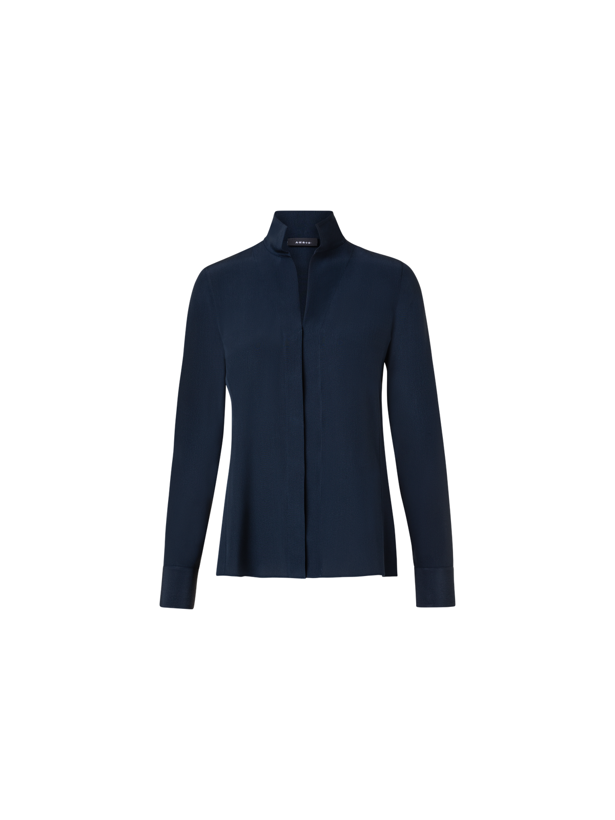 Designer Seidenbluse mit Stehkragen - Dunkelblau - Blau