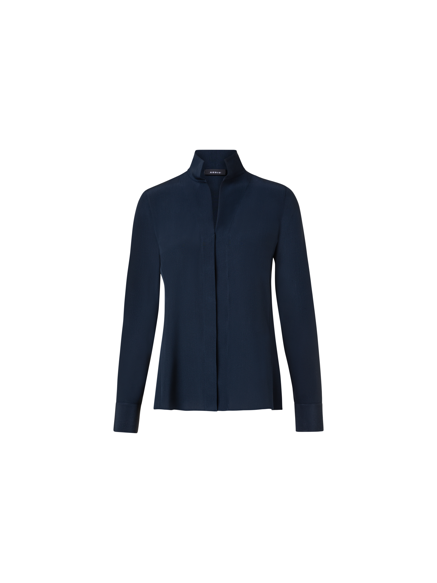 Designer Seidenbluse mit Stehkragen - Dunkelblau - Blau