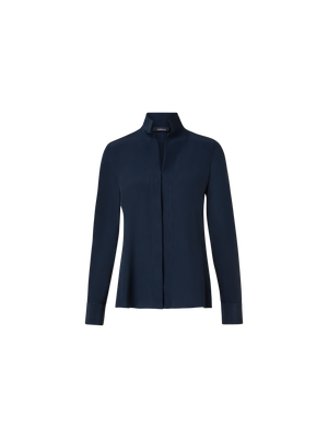 Designer Seidenbluse mit Stehkragen - Dunkelblau - Blau