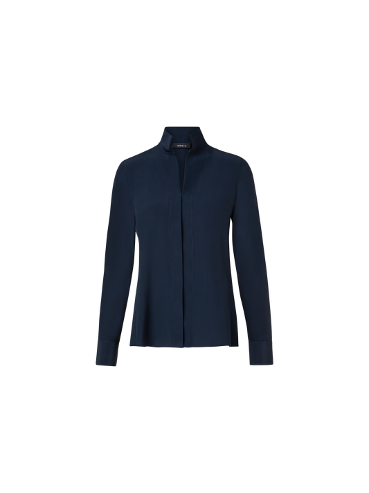 Designer Seidenbluse mit Stehkragen - Dunkelblau - Blau