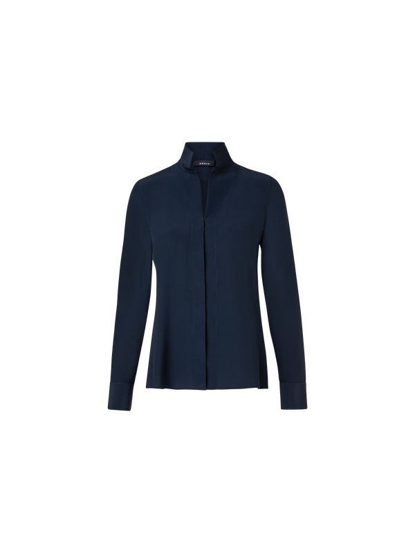 Designer Seidenbluse mit Stehkragen - Dunkelblau - Blau