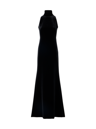 Designer Neckholder-Robe aus Samt mit The Fringe Knot - Schwarz