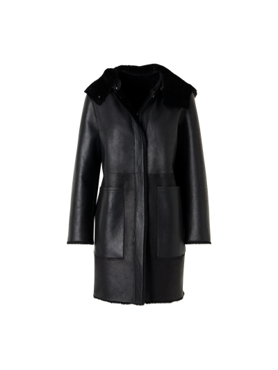 Designer Wendbarer Lamm-Shearling-Mantel mit Kapuze - Schwarz